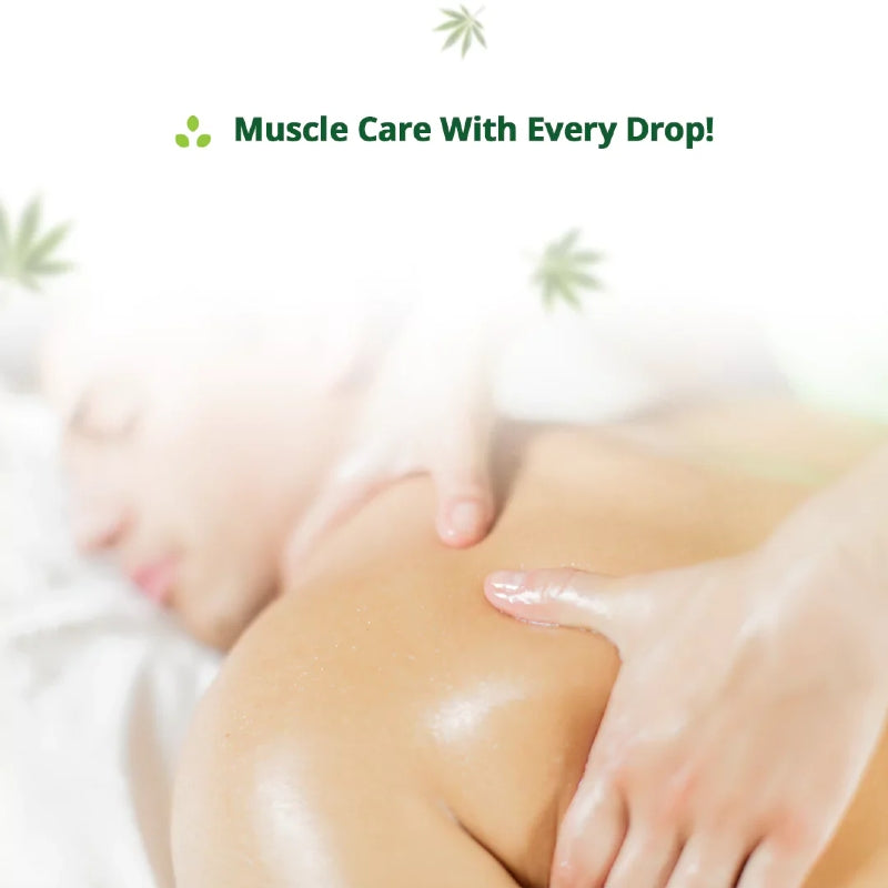 Close-up of a person's leg with a product application, text 'Muscle Care With Every Drop!' above.
