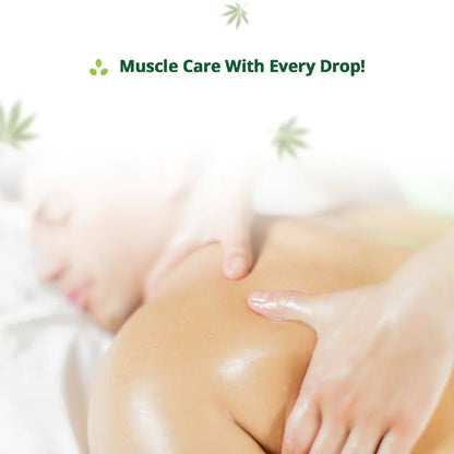 Close-up of a person's leg with a product application, text 'Muscle Care With Every Drop!' above.