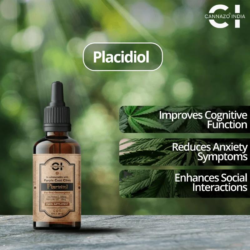 Bottle of Placidiol CBD supplement with cannabis leaves and text on a blurred green background