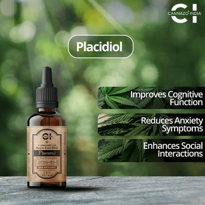 Bottle of Placidiol CBD supplement with cannabis leaves and text on a blurred green background