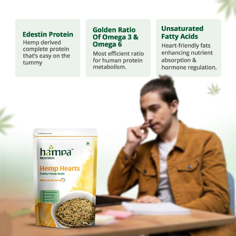 Hemp hearts package with a person at a desk, highlighting protein and nutritional benefits.