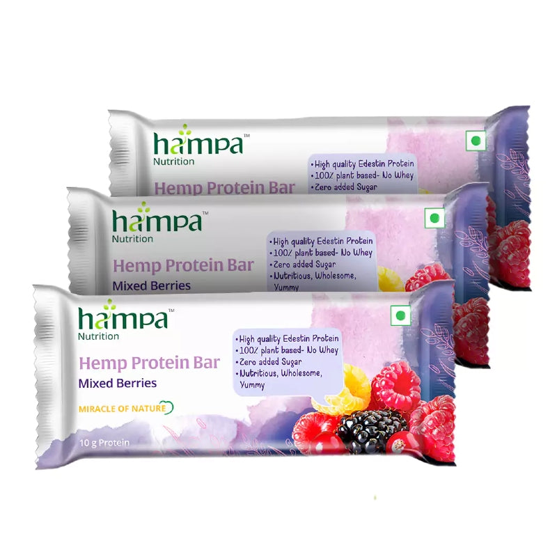 Three Hampa Hemp Protein Bars with Mixed Berries flavor packaging on a white background
