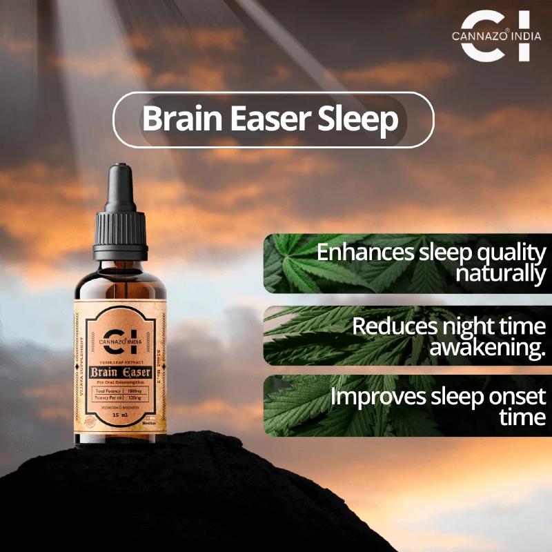 Bottle of 'Brain Easier Sleep' CBD Oil product features on a scenic background