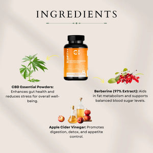Dietary supplement bottle labeled "SLIMFIT++ Metabolism Booster" with illustrations of cannabis plant, berberine berries, and apple cider vinegar around it.