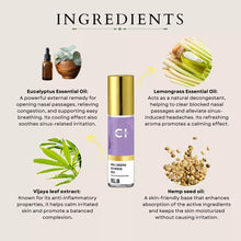 Load image into Gallery viewer, Image of a roll-on bottle surrounded by ingredients: eucalyptus, lemongrass, Vijaya leaf, and hemp seed oil, with their descriptions.
