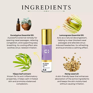 Image of a roll-on bottle surrounded by ingredients: eucalyptus, lemongrass, Vijaya leaf, and hemp seed oil, with their descriptions.