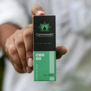 Hand holding a Cannavedic CBD Oil box labeled "Icy Mint."