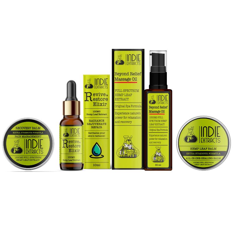 Indie Extracts Sampler Pack including Recovery Balm, Revive & Restore Elixir dropper bottle and box, Beyond Relief Massage Oil box and pump bottle, and Hemp Leaf Balm.