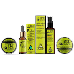 Indie Extracts Sampler Pack including Recovery Balm, Revive & Restore Elixir dropper bottle and box, Beyond Relief Massage Oil box and pump bottle, and Hemp Leaf Balm.