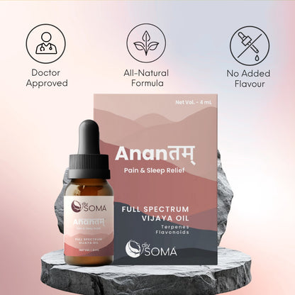 DivSoma Anantam CBD oil bottle and packaging on a stone platform with product features listed.