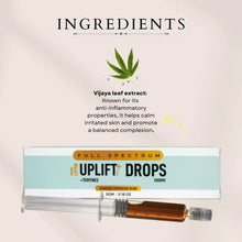 Load image into Gallery viewer, Cannazo Uplift Drop product with cannabis leaf and text about Vijaya leaf extract benefits, alongside a syringe of extract.
