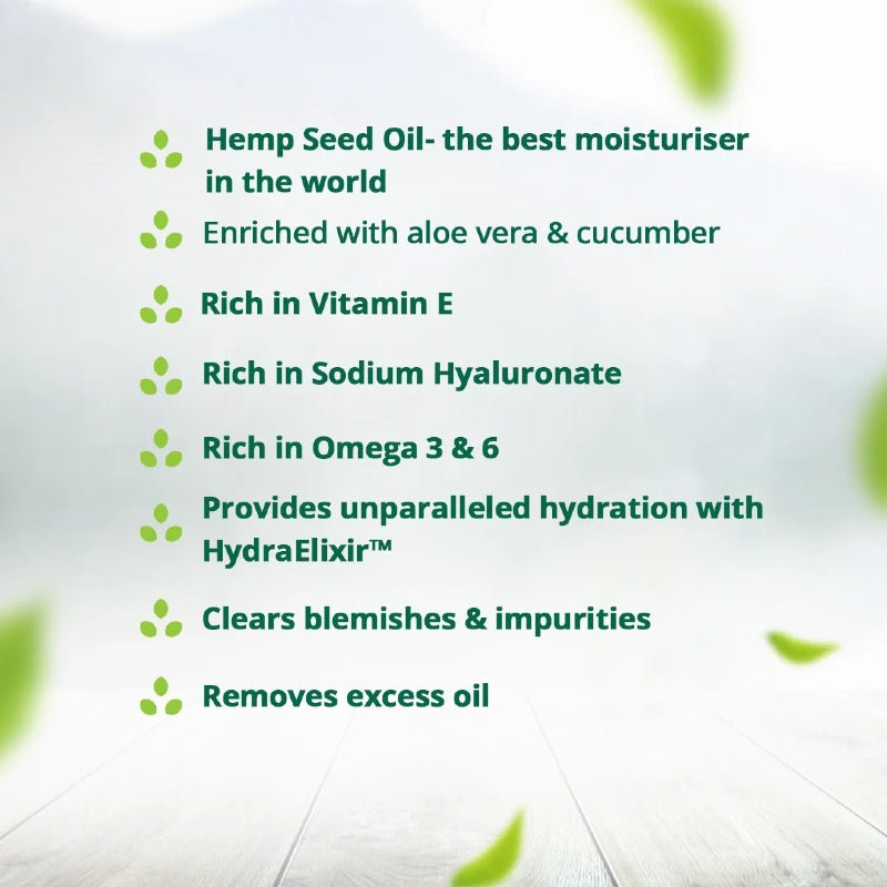 Text detailing the benefits of hemp seed oil on a light background with green leaves.