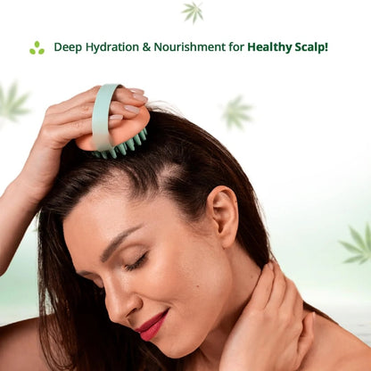 Woman using a scalp brush with text 'Deep Hydration & Nourishment for Healthy Scalp' on a green background.