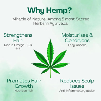 Infographic about the benefits of hemp, featuring a cannabis leaf on a light green background.
