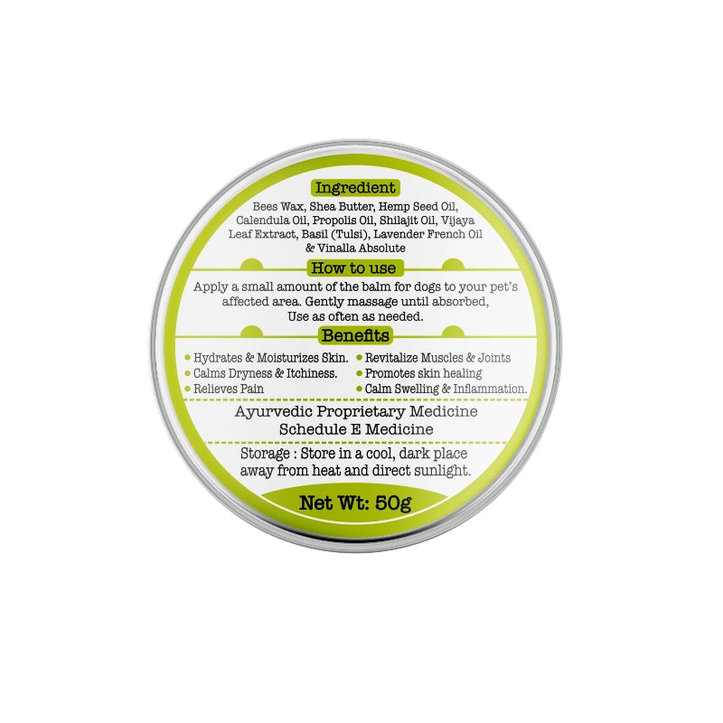  Top view of a container lid for Indie Extracts Pet CBD Balm listing ingredients, usage instructions, benefits, and storage recommendations. Net weight: 50g.