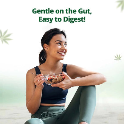 Woman holding a bowl of cereal with text 'Gentle on the Gut, Easy to Digest!' on a light green background.