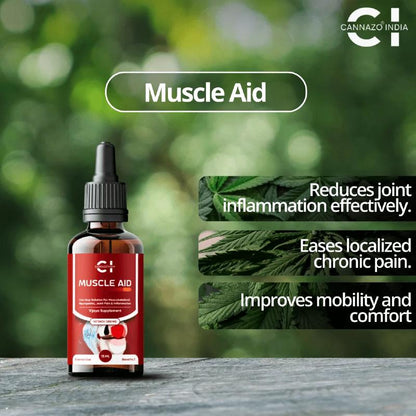Bottle of Muscle Aid CBD Oil with greenery in the background