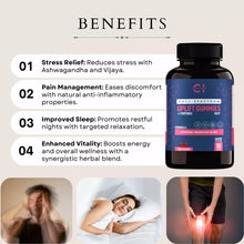 Load image into Gallery viewer, Image showing a list of benefits and a bottle of Full Spectrum Uplift CBDGummies, alongside images of people experiencing stress, restful sleep, and knee discomfort.
