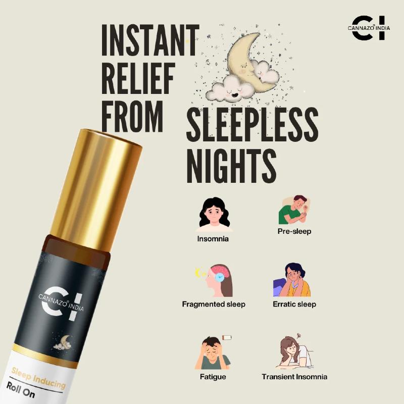 CBD roll-on product for sleep aid with text and illustrations on a beige background