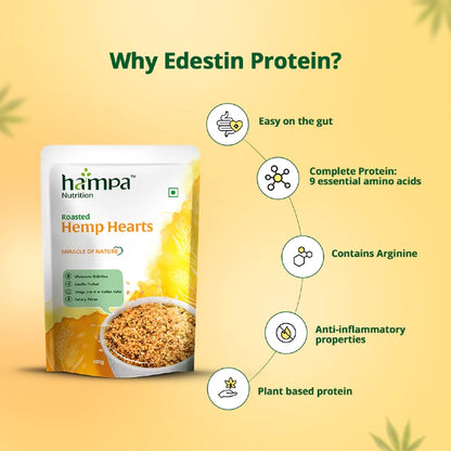 Hampa Nutrition Roasted Hemp Hearts package with health benefits on a yellow background