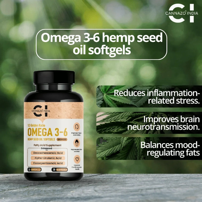 Omega 3-6 hemp seed oil softgels bottle with greenery in the background