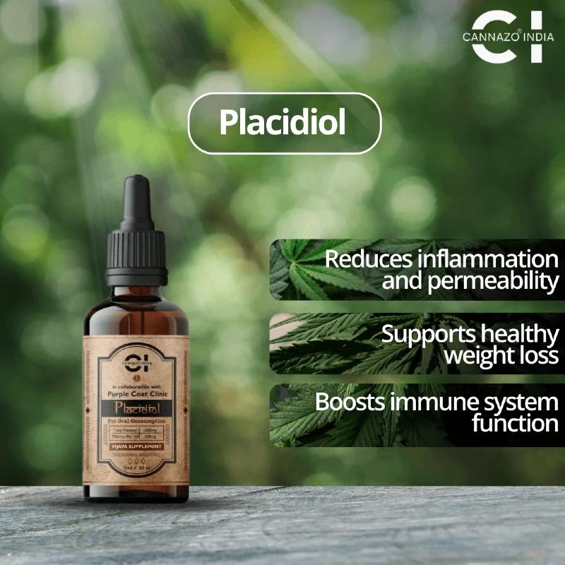Bottle of Placidiol with green leaves and text on a blurred natural background