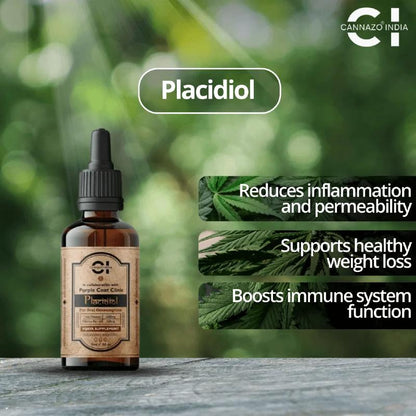 Bottle of Placidiol with green leaves and text on a blurred natural background