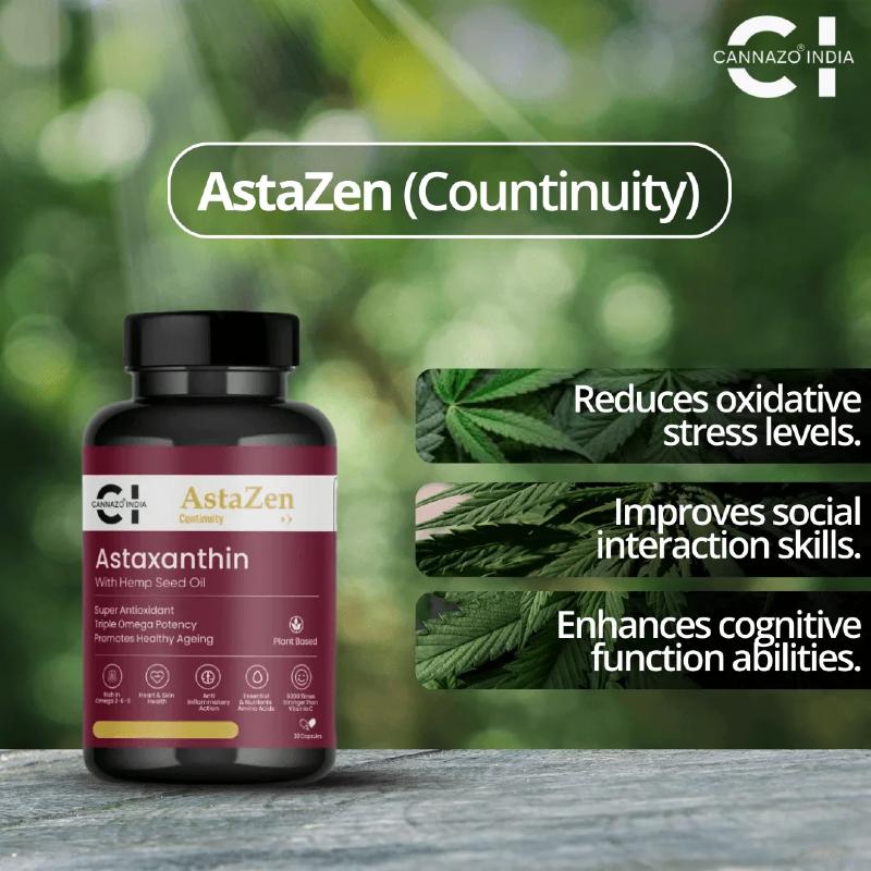 AstaZen supplement bottle with green leaves and text on a blurred natural background