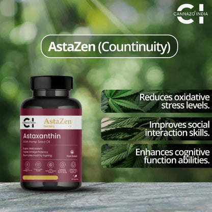 AstaZen supplement bottle with green leaves and text on a blurred natural background