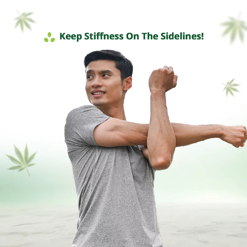 Man stretching with text 'Keep Stiffness On The Sidelines!' and cannabis leaves on a light green background