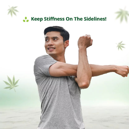 Man stretching with text 'Keep Stiffness On The Sidelines!' and cannabis leaves on a light green background