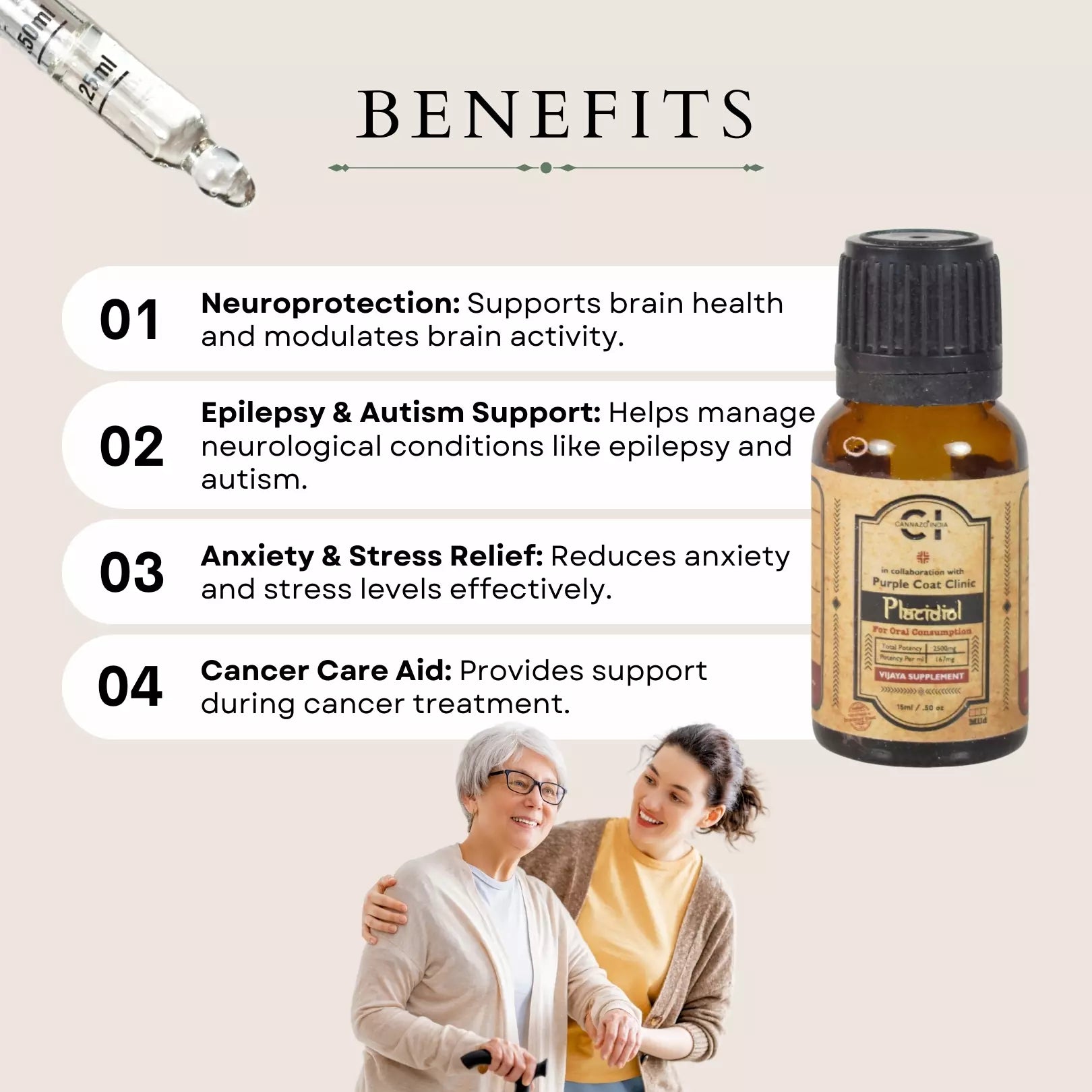 An infographic listing benefits of a cannazo cbd oil health supplement, with a dropper and bottle visible.