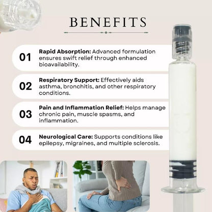 Cannazo Cananronil Product benefits listed with a syringe on a light pink background
