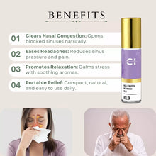 Load image into Gallery viewer, Advertisement for nasal congestion relief roll-on with benefits and images of affected individuals.
