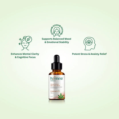 Harma cannabis oil bottle with therapeutic benefits on a light green background