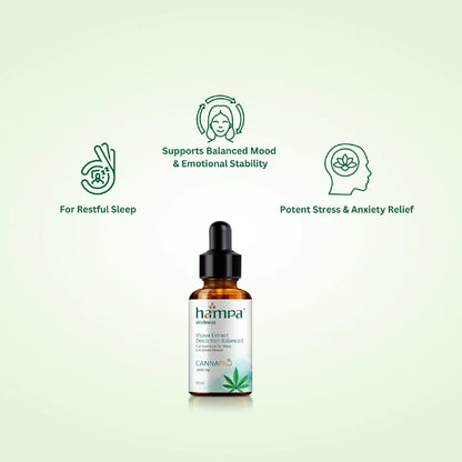 Hampa CBD oil bottle with benefits text on a light green background