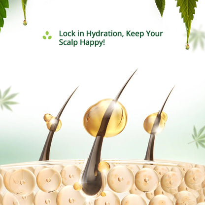 Product packaging with hair follicles and oil droplets, promoting scalp care.