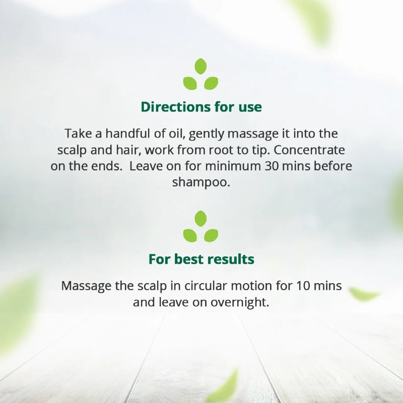 Text directions for using a scalp and hair treatment with green leaf graphics on a light background.