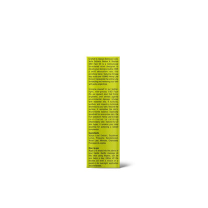 Bright yellow-green rectangular product box with black text detailing "Indie Extracts Revive And Restore CBD Face Oil."