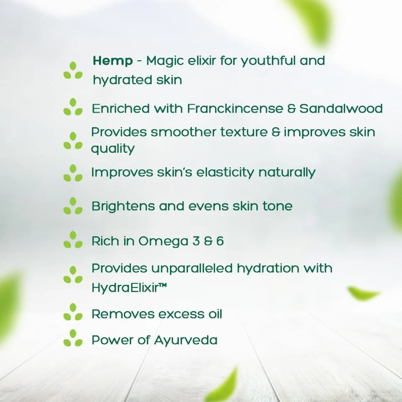 Text detailing the benefits of hemp for skin care on a light background with green leaves.