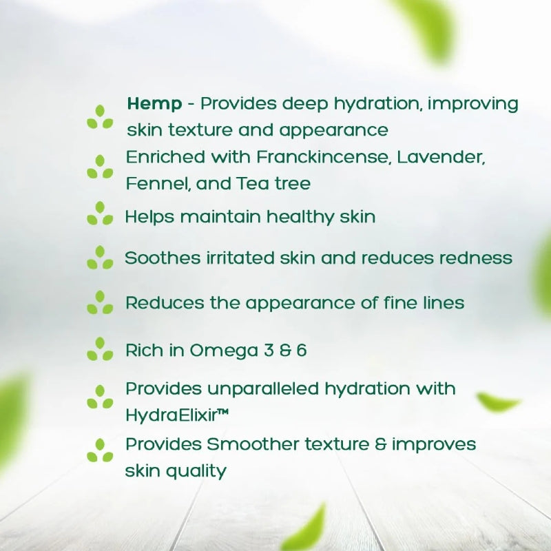Text detailing the benefits of hemp for skin care on a light background with green leaves.