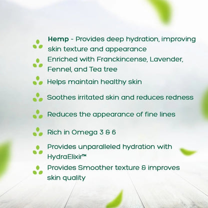 Text detailing the benefits of hemp for skin care on a light background with green leaves.