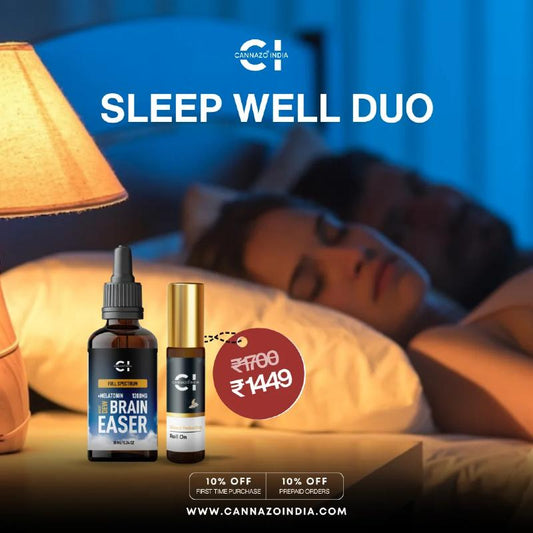 Advertisement for Cannazo CBD Oil 'Sleep Well Duo' with two bottles on a nightstand, featuring a blurred background of a person lying in bed.