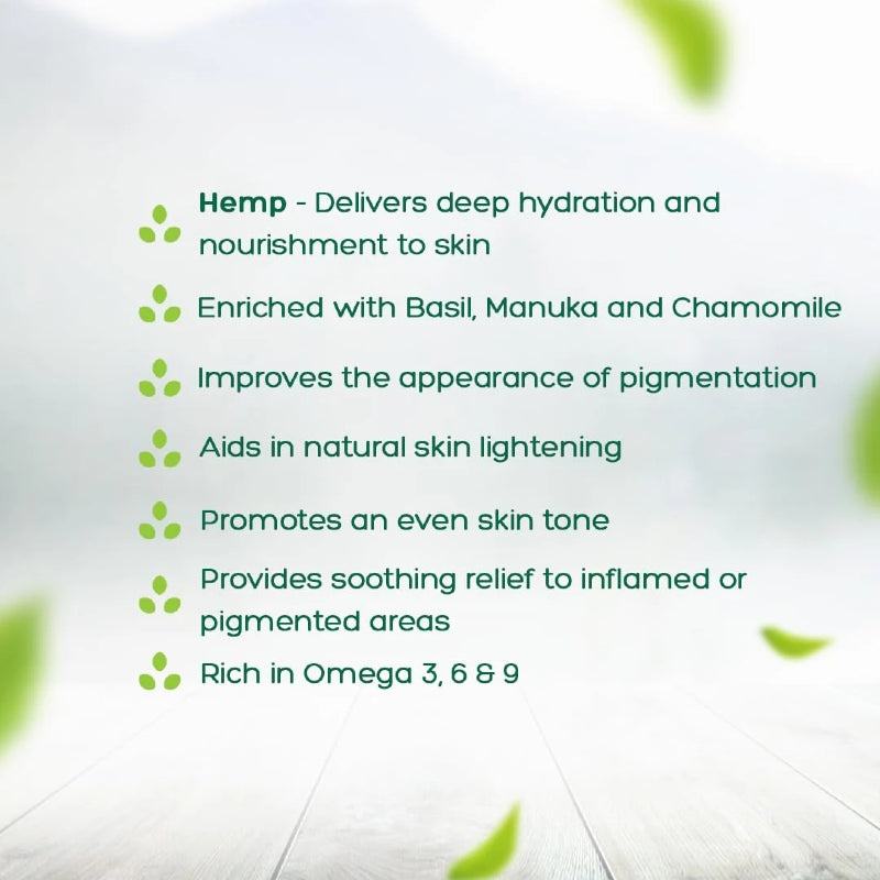 Text detailing the benefits of hemp for skin care on a light background with green leaves.