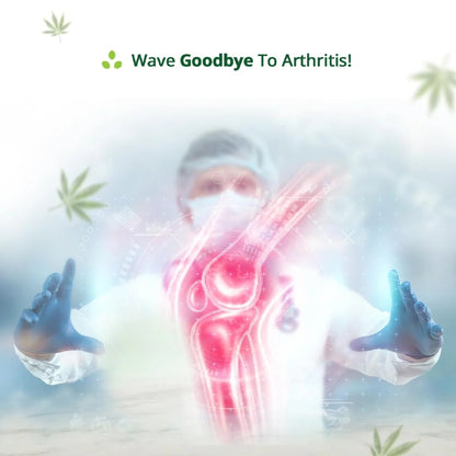 Promotional graphic with a person in protective gear and glowing knee joint, accompanied by text 'Wave Goodbye To Arthritis!' and a brand logo.