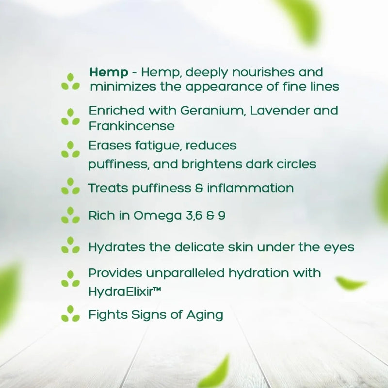 Text detailing the benefits of hemp for skin care on a light background with green leaves.