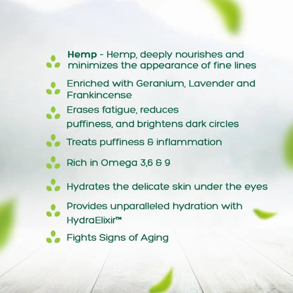 Text detailing the benefits of hemp for skin care on a light background with green leaves.