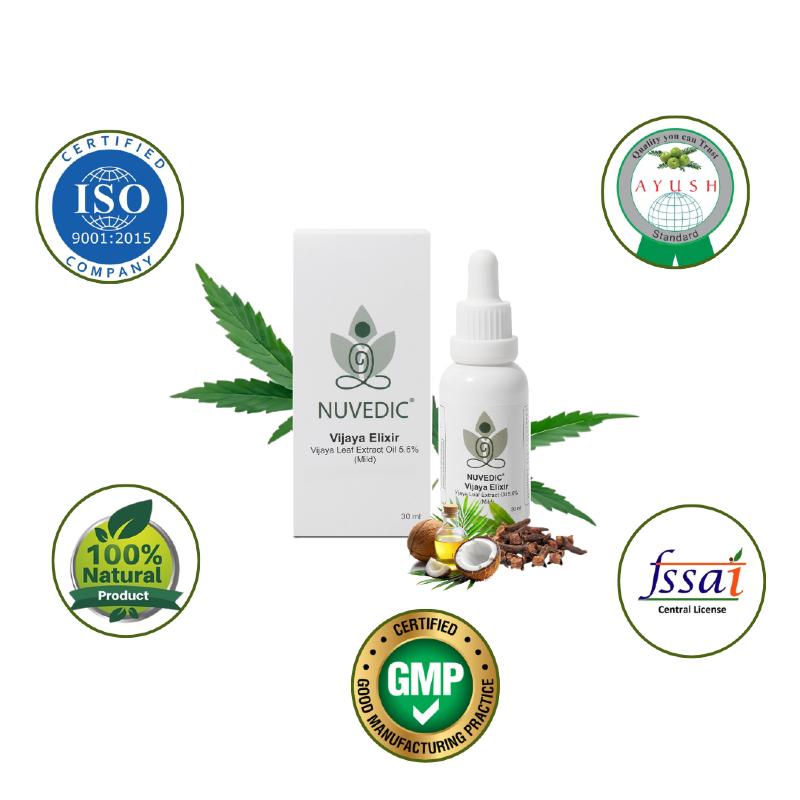 CBD oil product labeled "Nuvedic Vijaya Elixir" with certification logos and natural ingredients.

