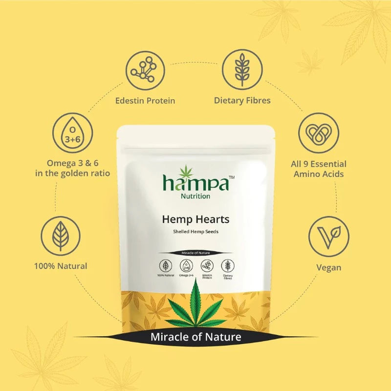 Hampa Hemp Hearts packet with certification icons around yellow background.
