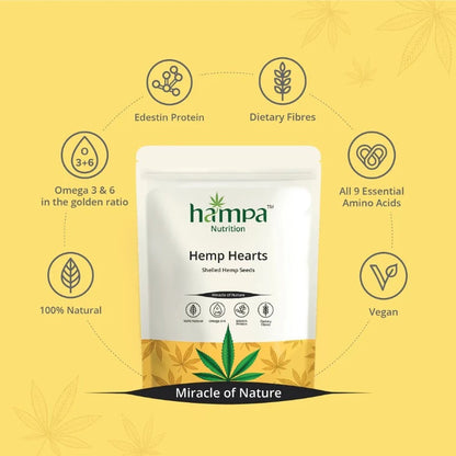 Hampa Hemp Hearts packet with certification icons around yellow background.
